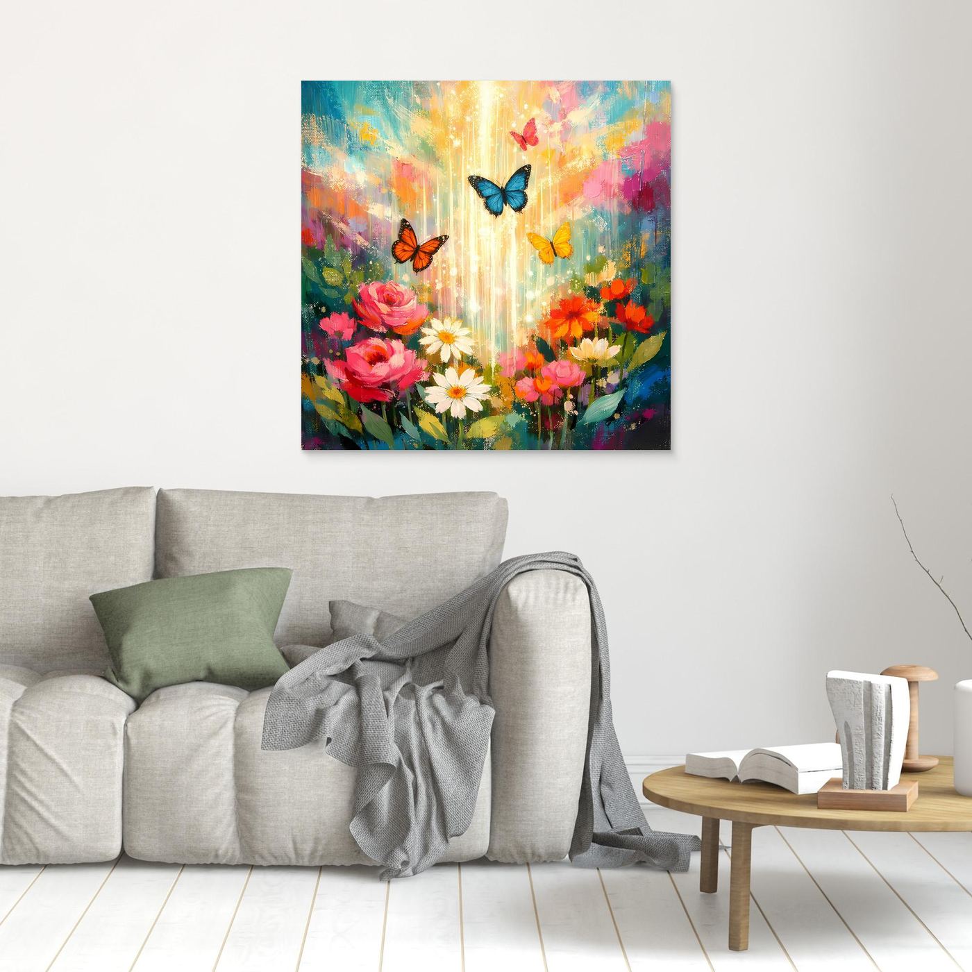 Wandbild auf Leinwand: bunte Blumen und Schmetterlinge, ohne sichtbaren Rahmen