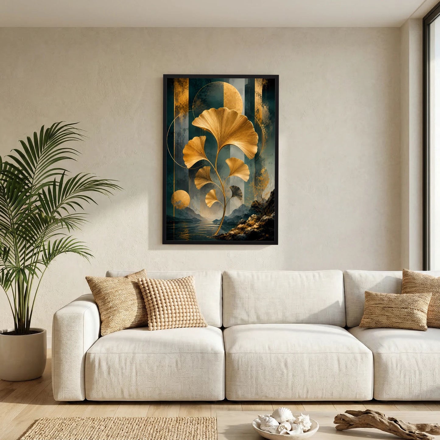 Abstraktes Ginkgo-Poster im schwarzen Rahmen mit goldenen Blättern, Details auf Petrol im Hochformat