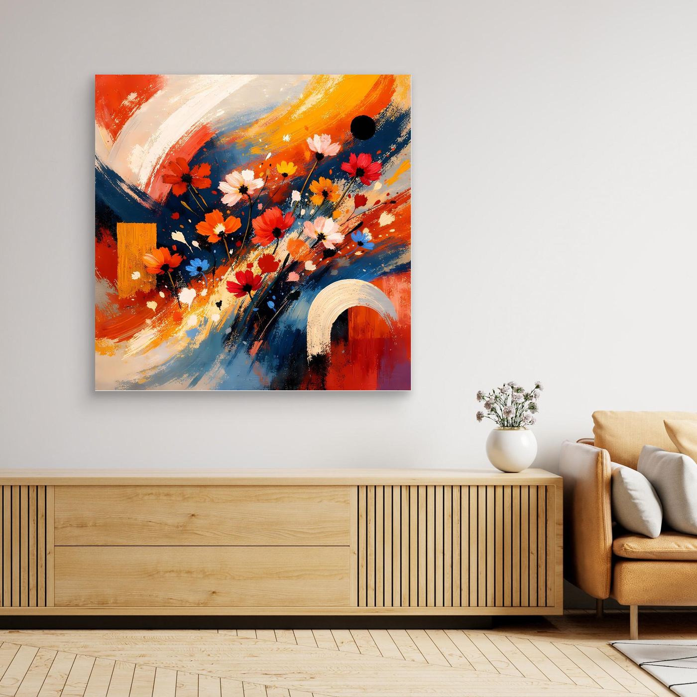 Leinwandbild mit abstraktem Blumenmeer: rote, blaue & orange Blüten, quadratisch