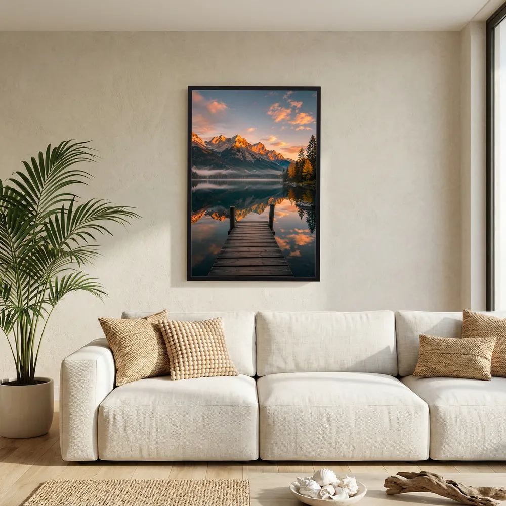 Hochformatiges Kunstposter mit schwarzem Rahmen: Holzsteg über spiegelndem See bei Sonnenuntergang.