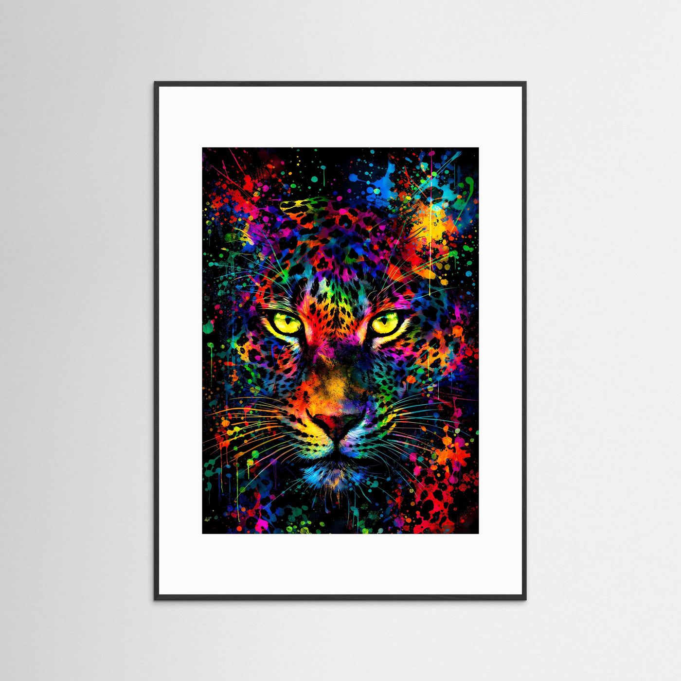 Der Blick der Wildnis | Neon Leopard Poster mit leuchtenden Augen & Regenbogen-Farben | Abstraktes Wildtier Kunstposter Hochformat