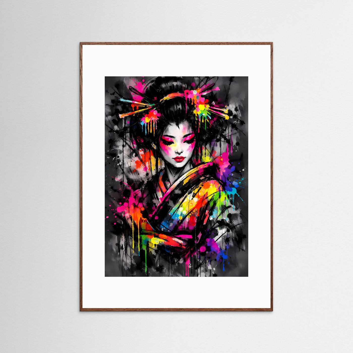 The Neon Geisha | Luxuriöses Geisha Poster Bunt & Dunkel | Abstraktes Japan Kunstposter Hochformat