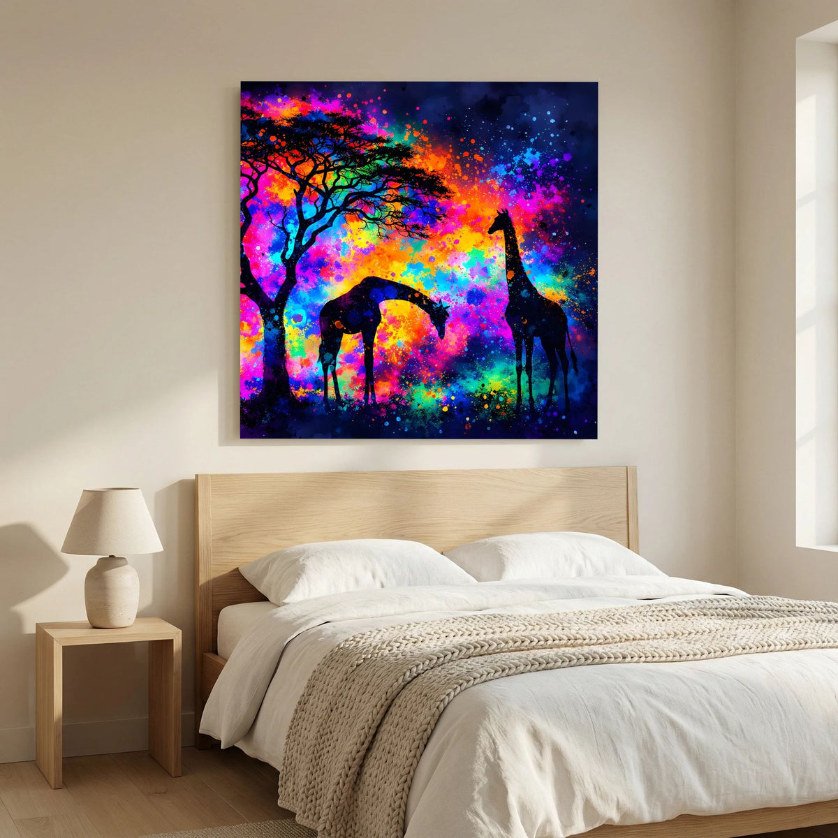 Leinwandbild auf Keilrahmen: abstrakte Giraffen- und Elefanten-Silhouetten im Farbnebel-Design