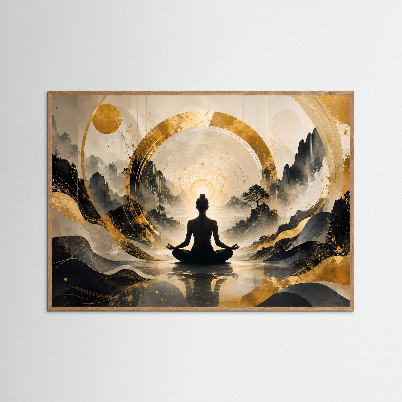 Meditierende Frau in Berglandschaft | Spirituelle Kunst in Schwarz & Gold
