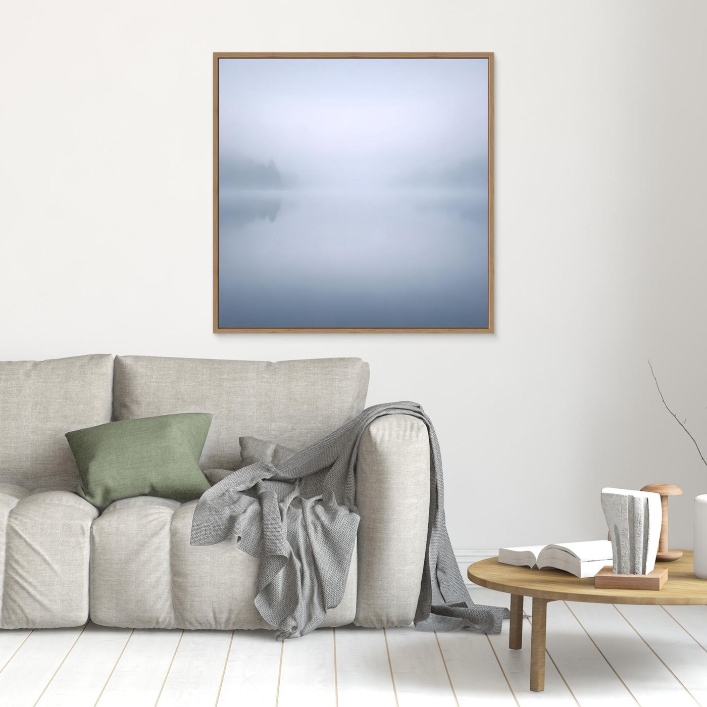 Leinwandbild Nebelsee mit Spiegelung, blau-grau, quadratisch, goldbrauner Rahmen