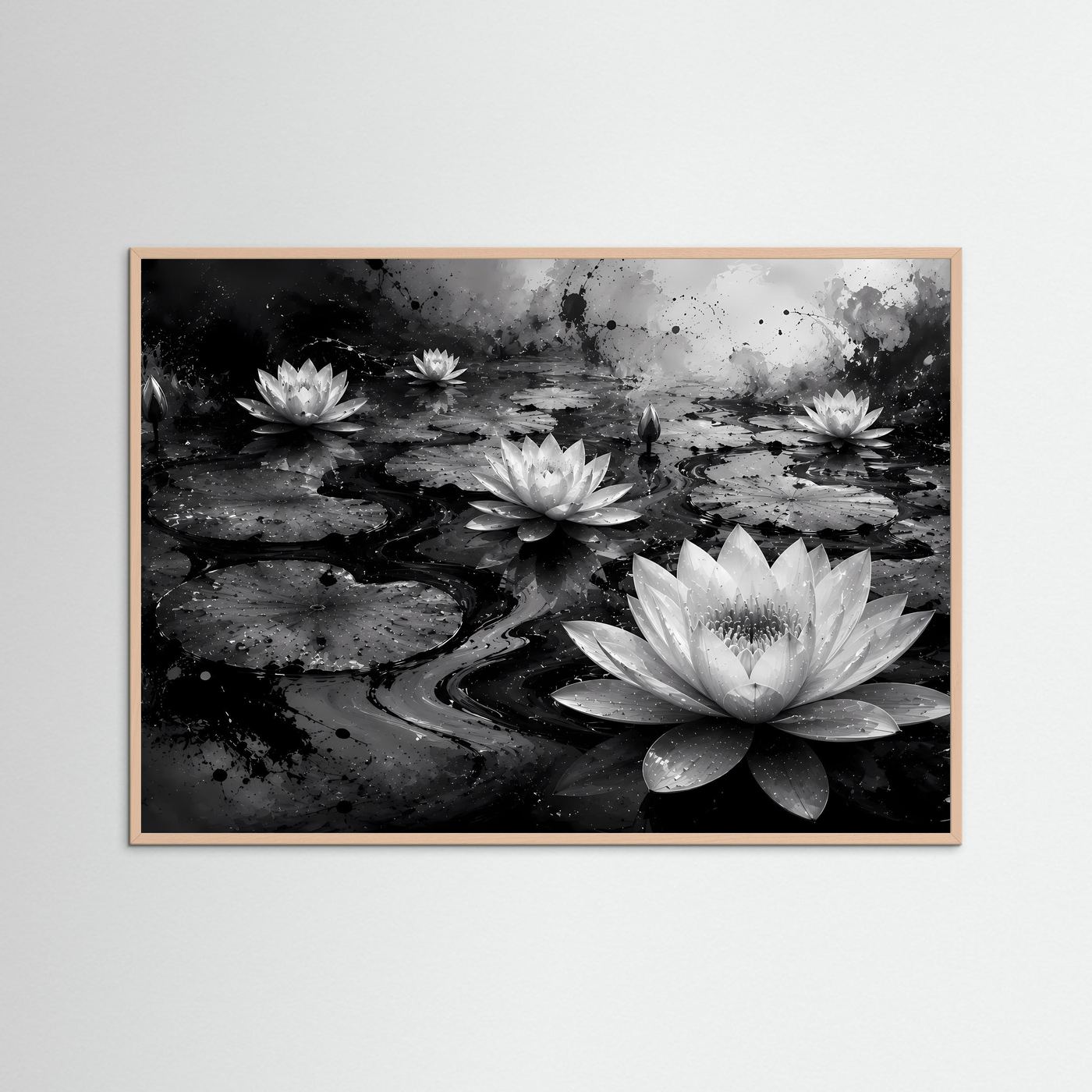 Weiße Seerosen auf schwarzem Wasser | Elegante Schwarz-Weiß Naturkunst – Moderner Lotus Teich
