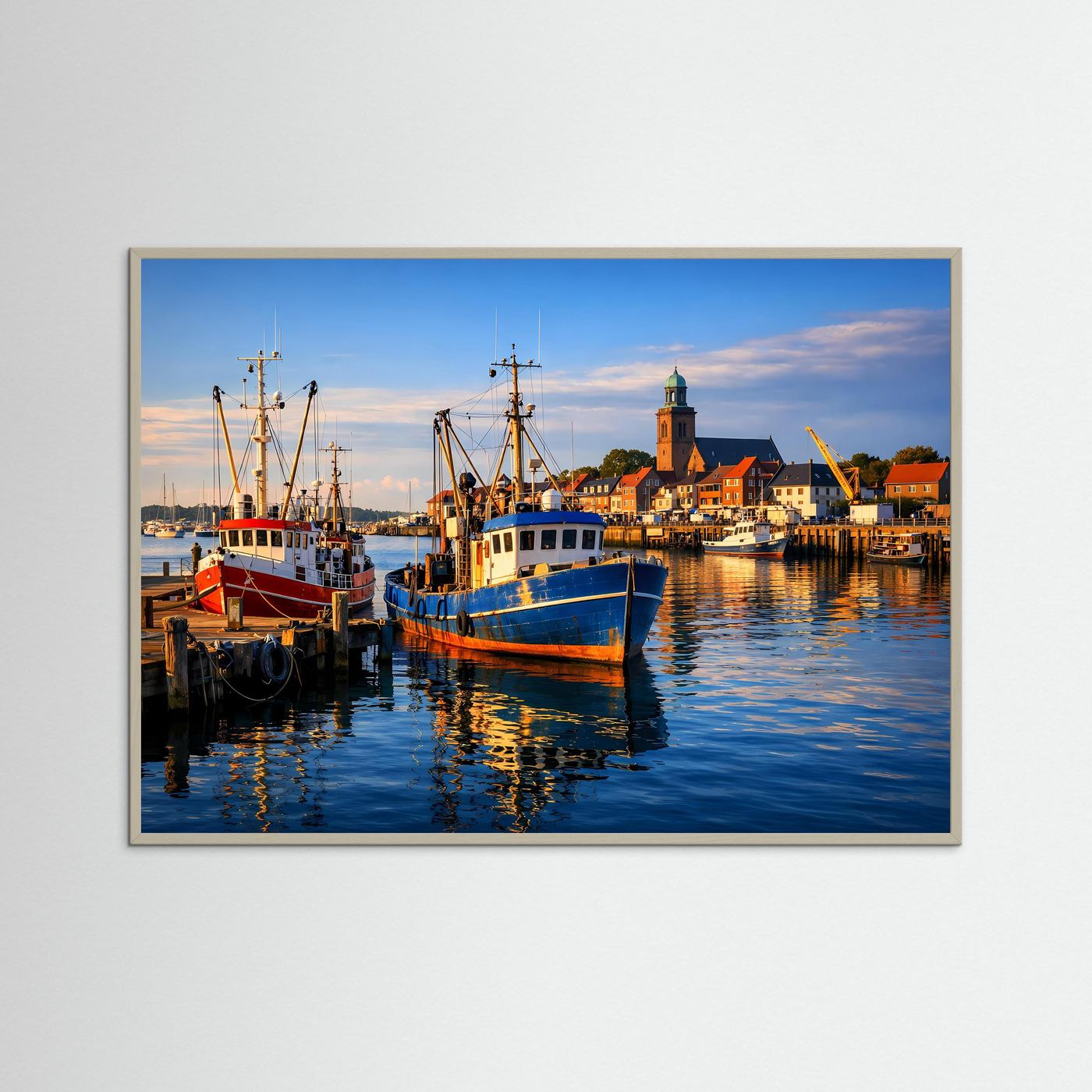 Maritimes Hafenszene-Poster mit Fischereihafen, Leuchtturm und Booten, hellgrauer Rahmen, Querformat