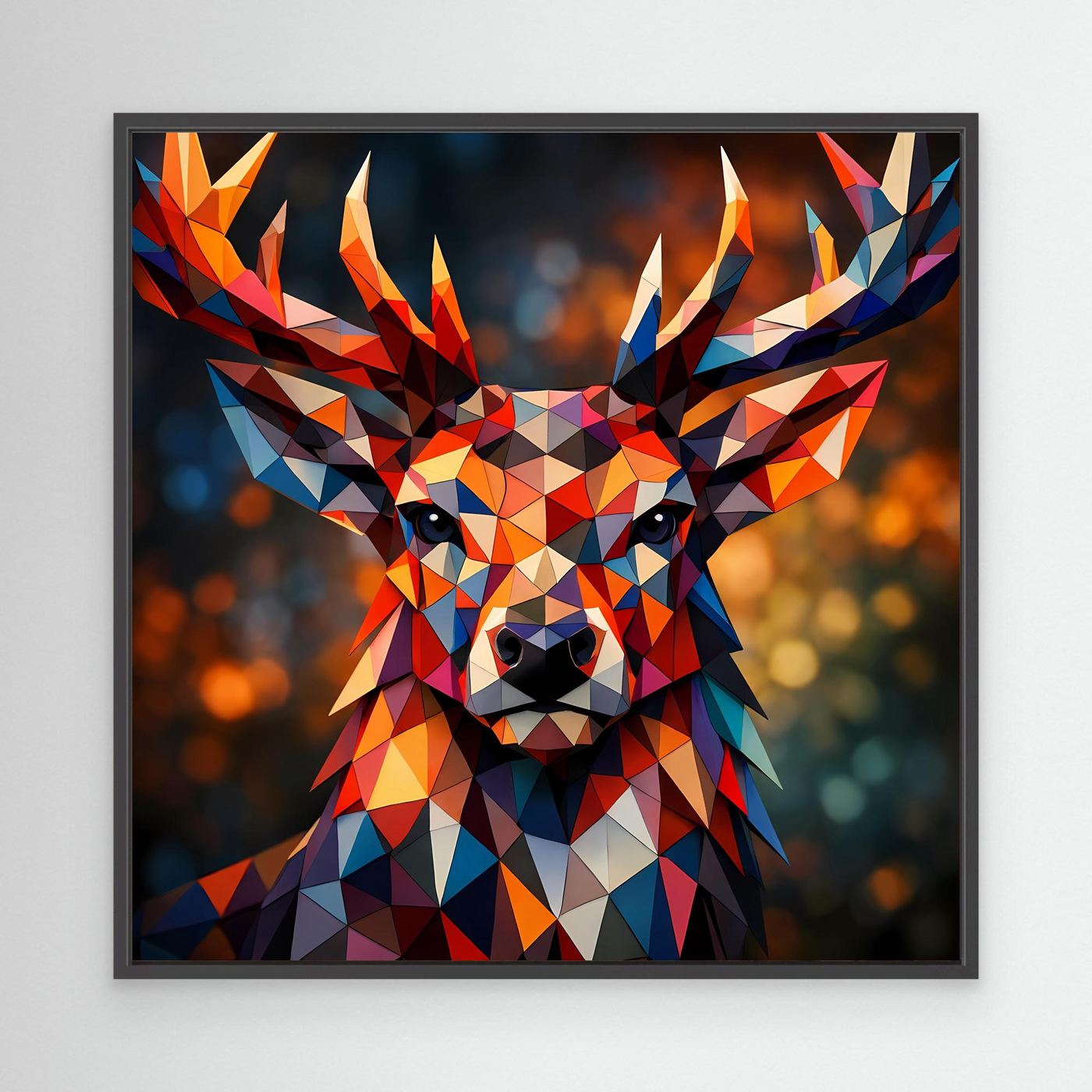 Geometrisches Hirschmotiv-Leinwandbild mit schwarzem Rahmen, buntes Polygon-Design
