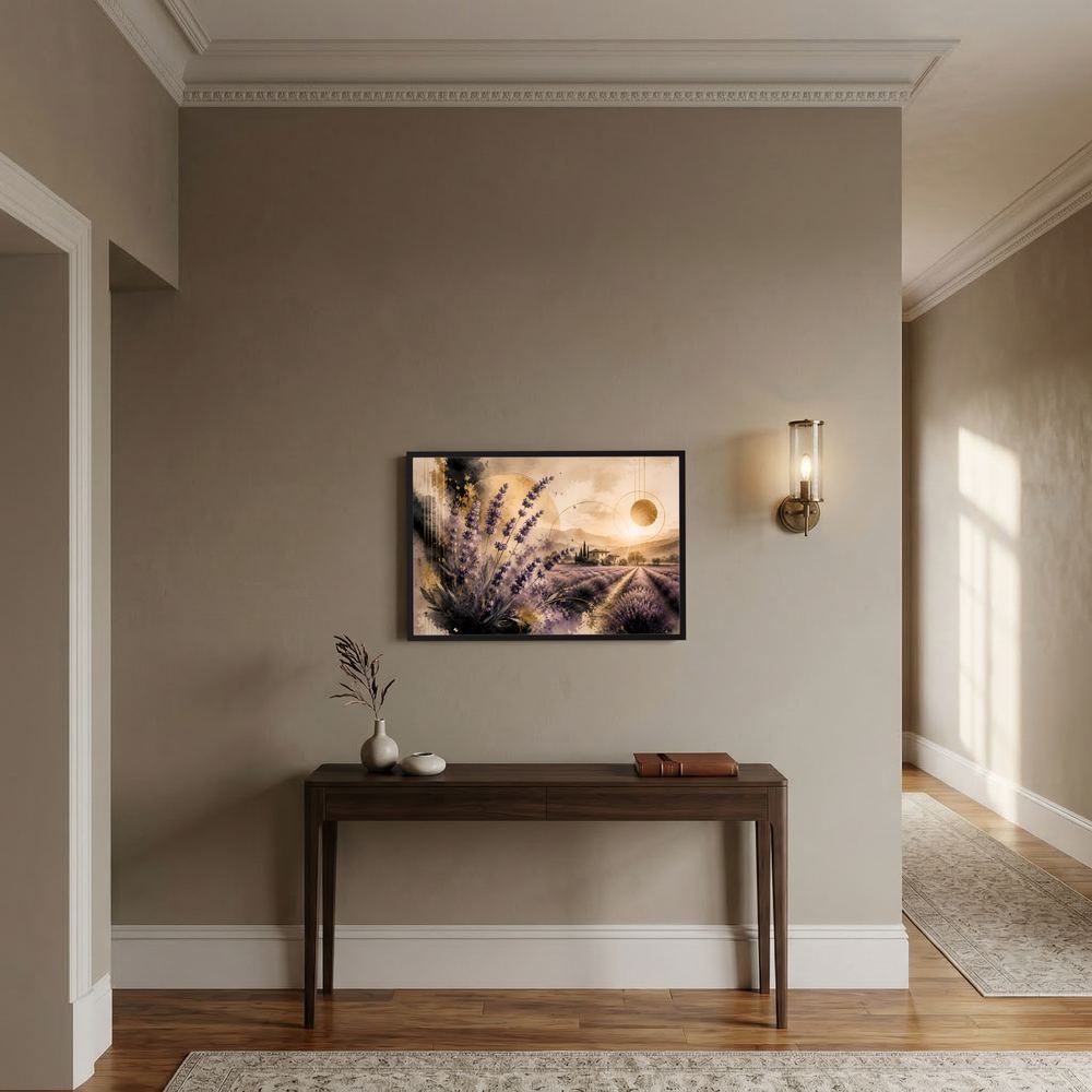 Querformat-Poster mit gerahmter Lavendelfeld-Landschaft in Violett und Gold