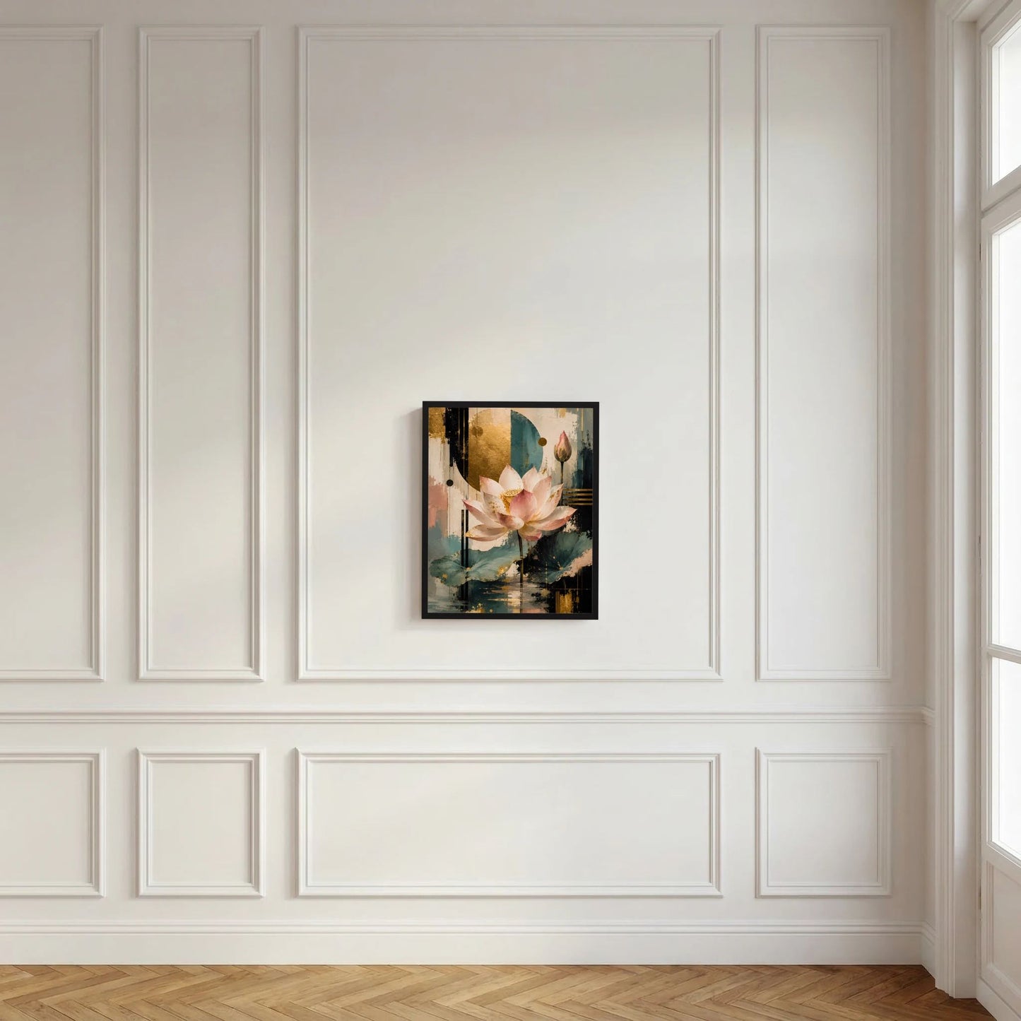Gerahmtes Poster mit rosa-goldener Lotusblüte und abstraktem türkisfarbenem Design