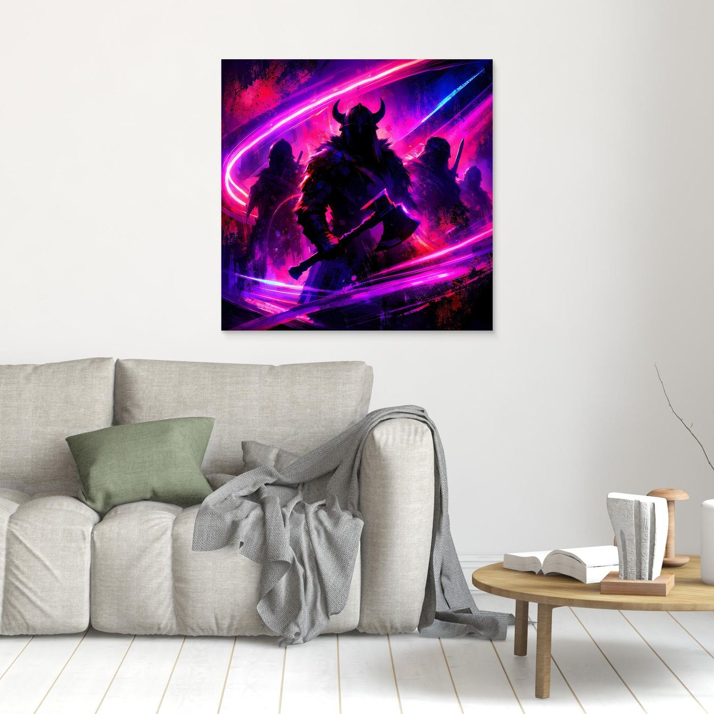 Quadratisches Wandbild mit Wikingersilhouette, Neon-Pink/Lila Lichtbögen