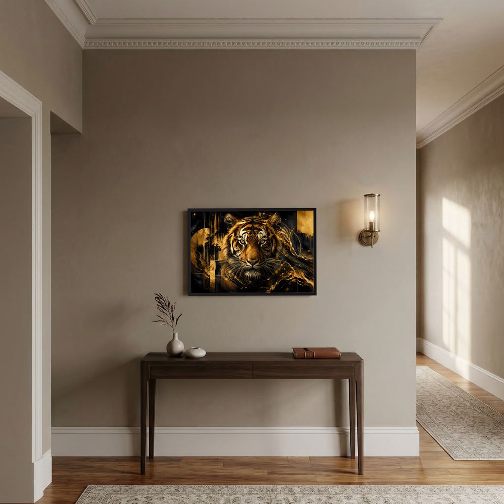 Querformat-Poster mit goldfarbenem Tigerkopf auf dunklem Hintergrund
