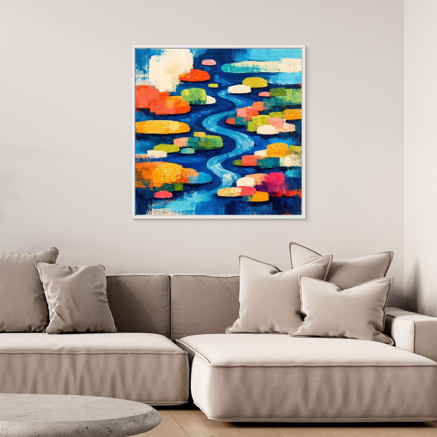Leinwand-Wandbild mit abstraktem Seerosenteich und Flusslauf in Blau mit bunten Flecken