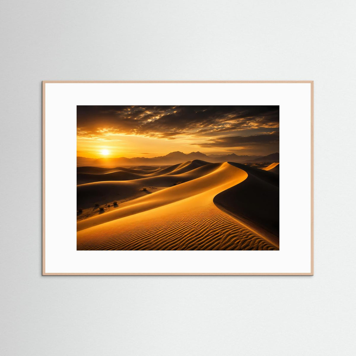 Poster mit Sanddünen im Sonnenuntergang, naturholzfarben gerahmt, Querformat