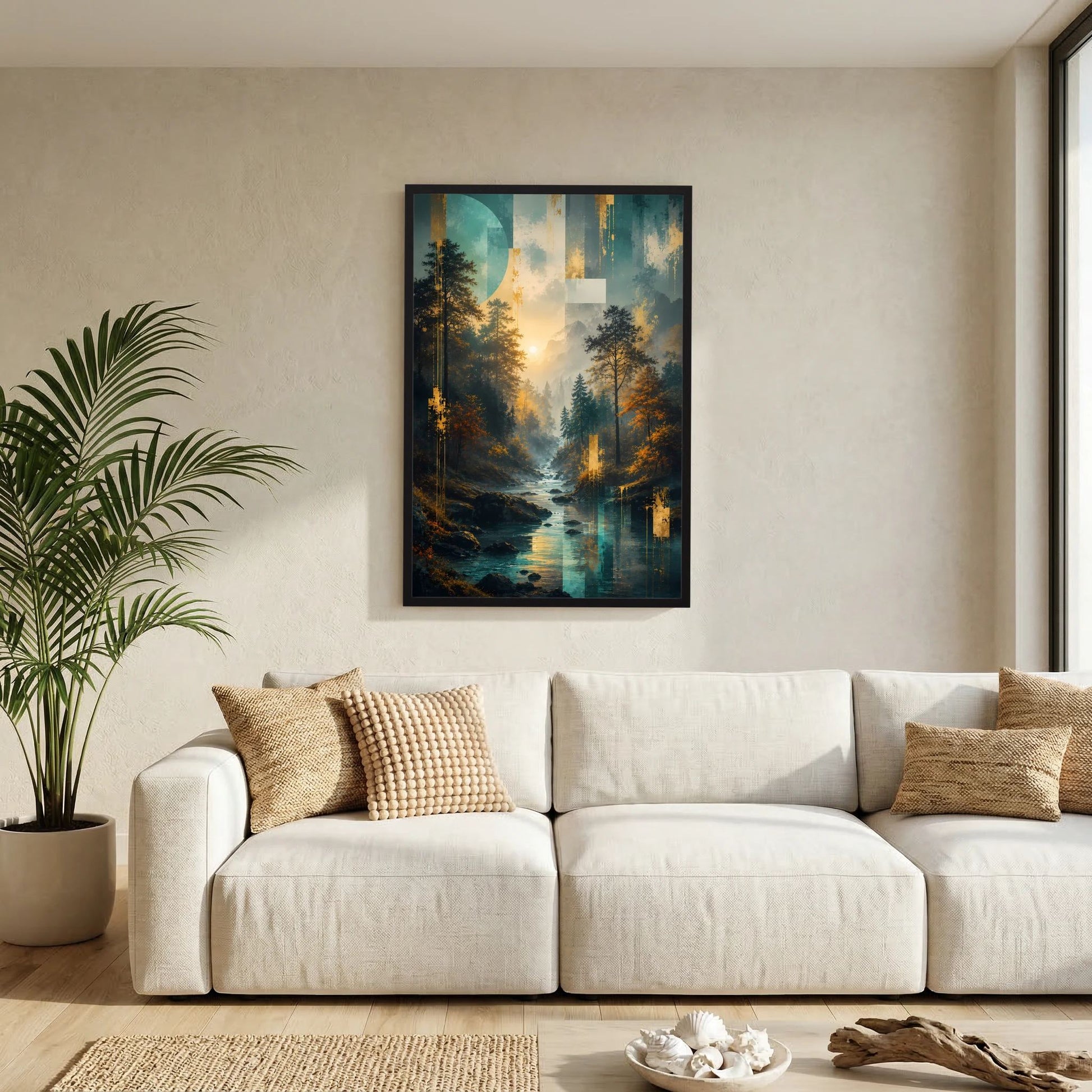 Poster Hochformat Wald- und Flusslandschaft, abstraktes Morgenlicht, schwarzer Rahmen