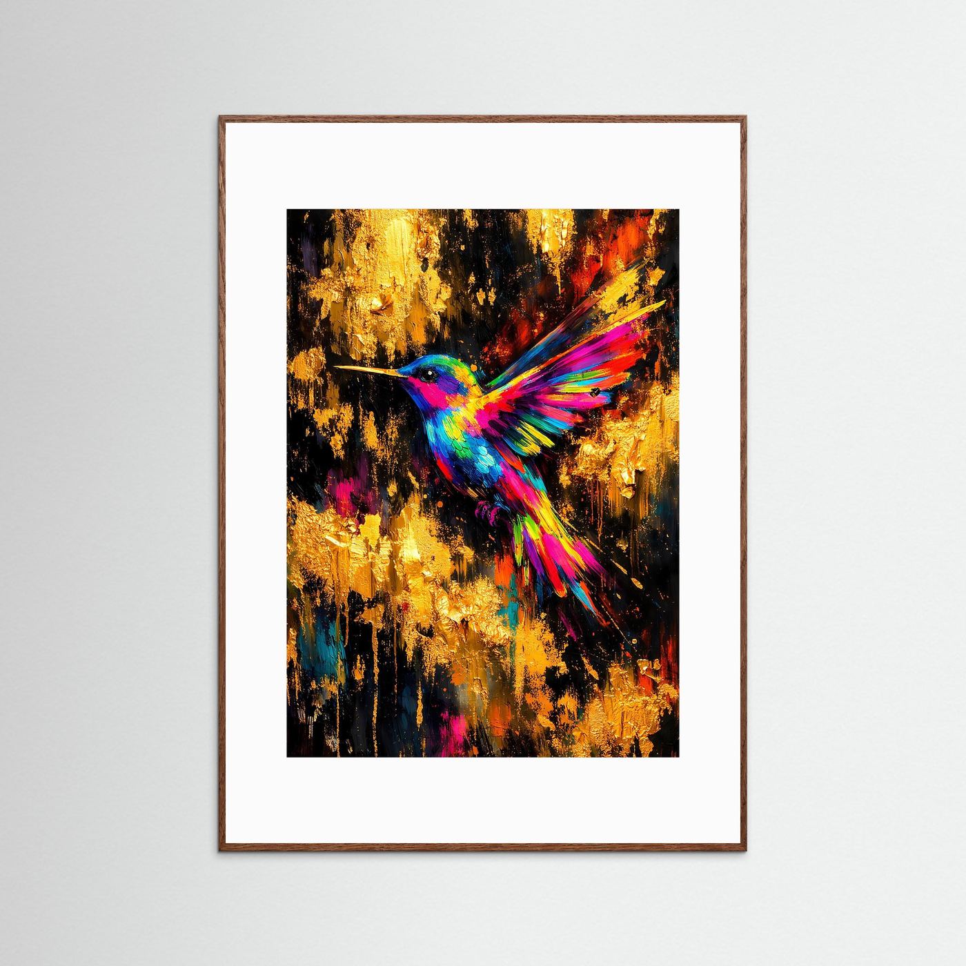 Kolibri-Kunstposter im Hochformat mit rosafarbenem Rahmen und buntem Kolibri-Motiv
