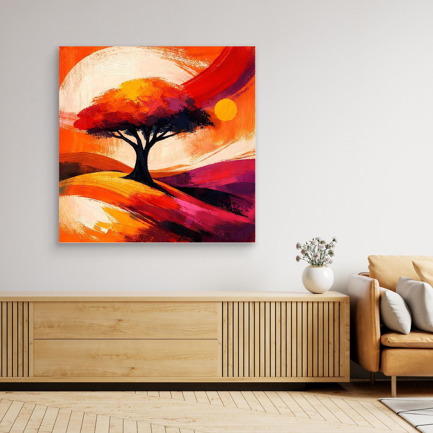 Leinwandbild mit abstraktem Baum in Orange-Rot und gelbem Lichtkreis, mit Rahmen