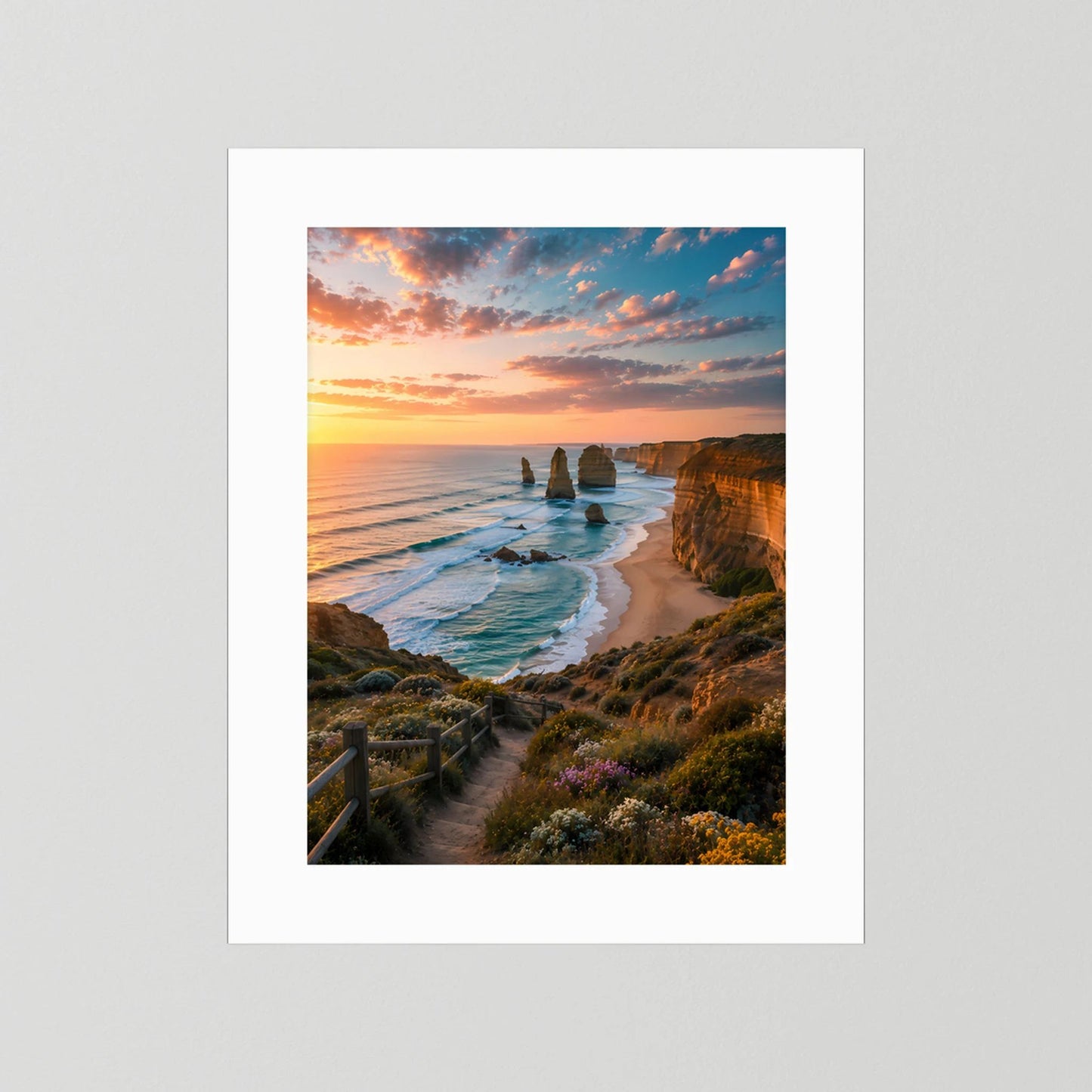 Hochkant-Poster mit Küstenlandschaft bei Sonnenuntergang, weißes Passepartout ohne Rahmen