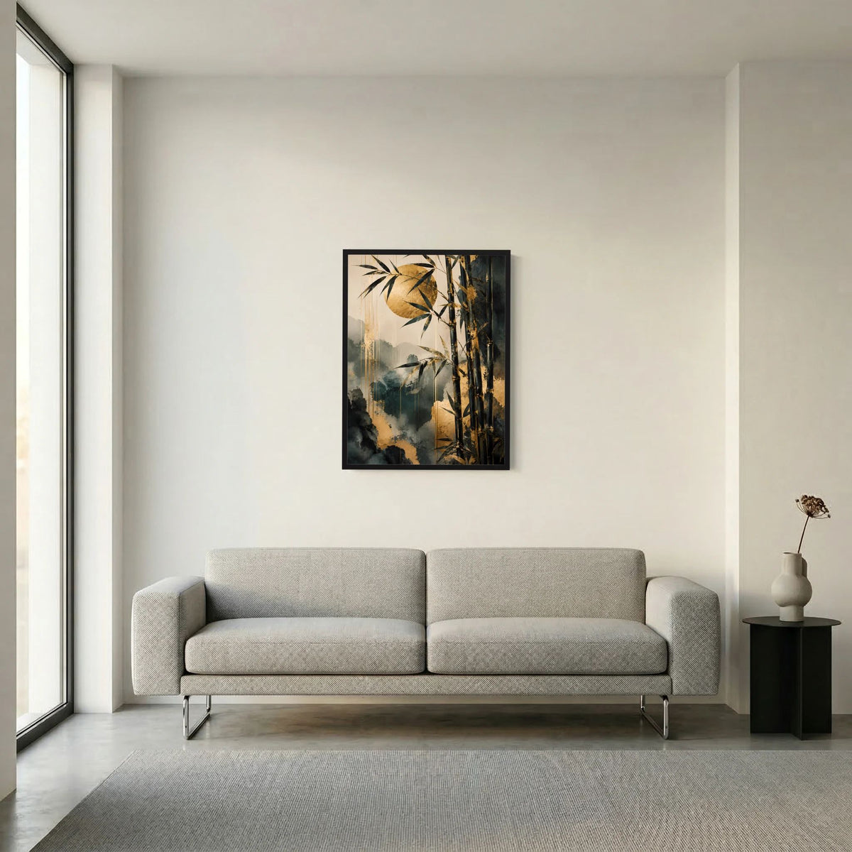 Wandposter im Hochformat mit Bambus-Zweigen, Grau-Gold-Töne, dunkler Rahmen