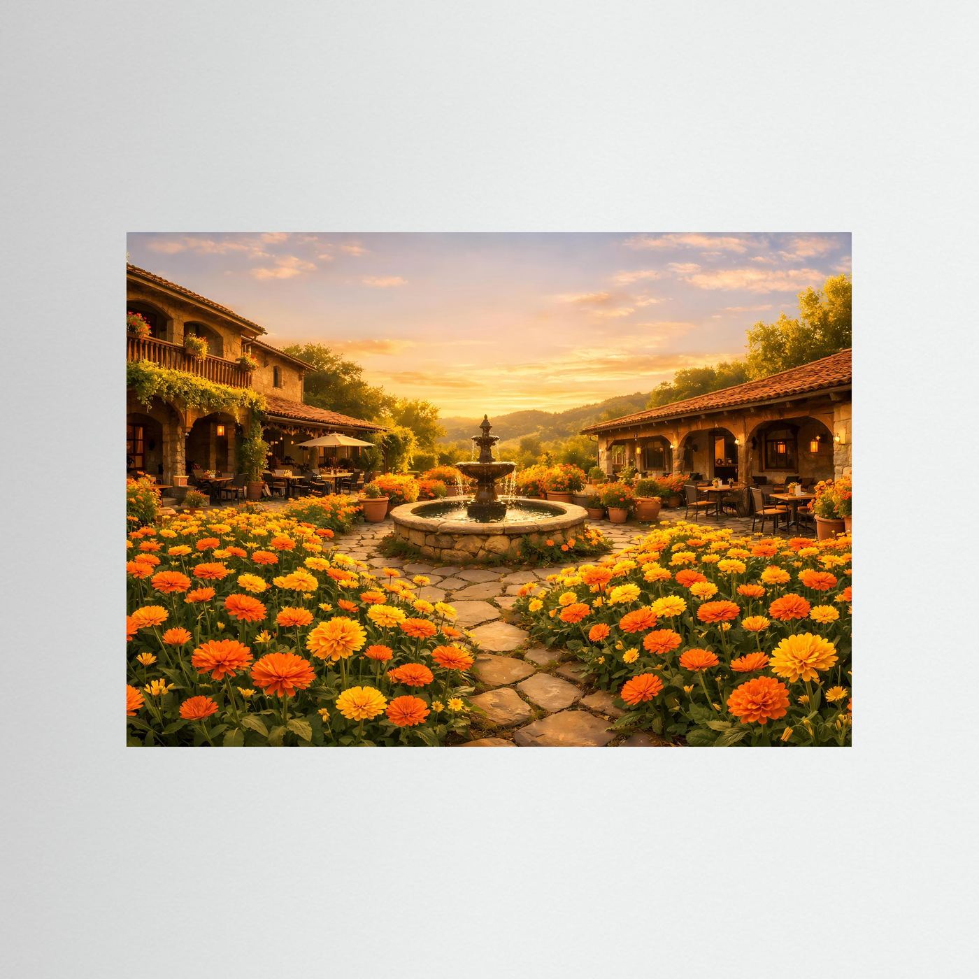 Wandbild mit Blumenbeeten und Springbrunnen im mediterranen Innenhof