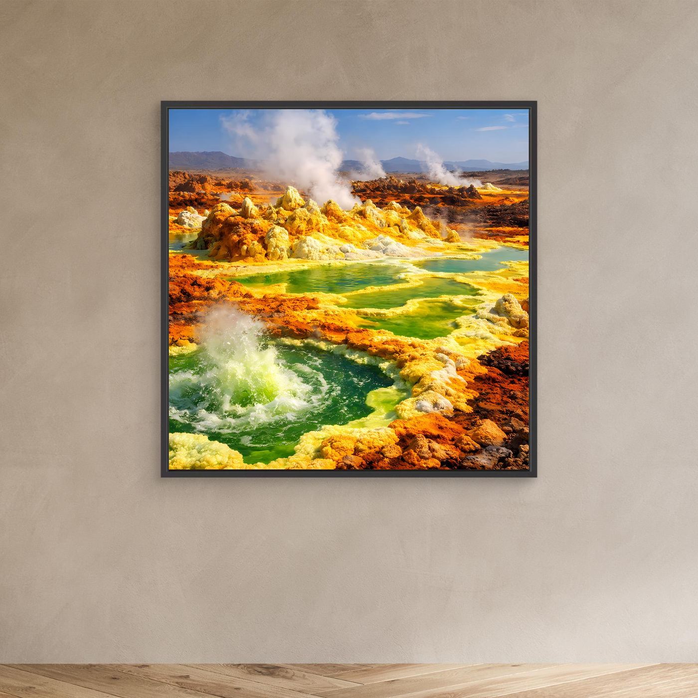 Gerahmtes Leinwandbild mit schwarzem Rahmen: gelbe und grüne Thermalbecken mit Dampfwolken