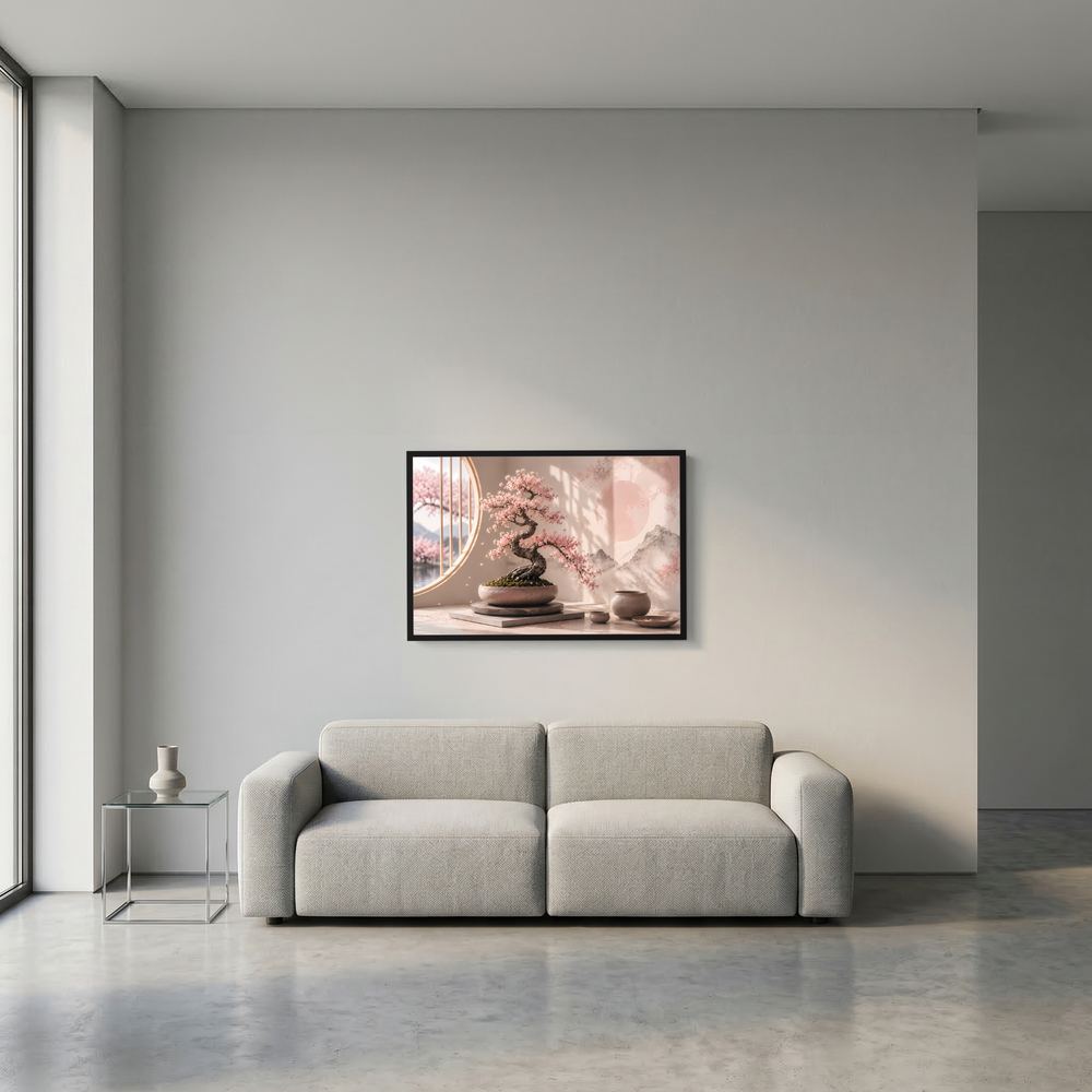 Poster im Querformat: Bonsai mit Kirschblüten in Pastellrosa, schwarzer Rahmen