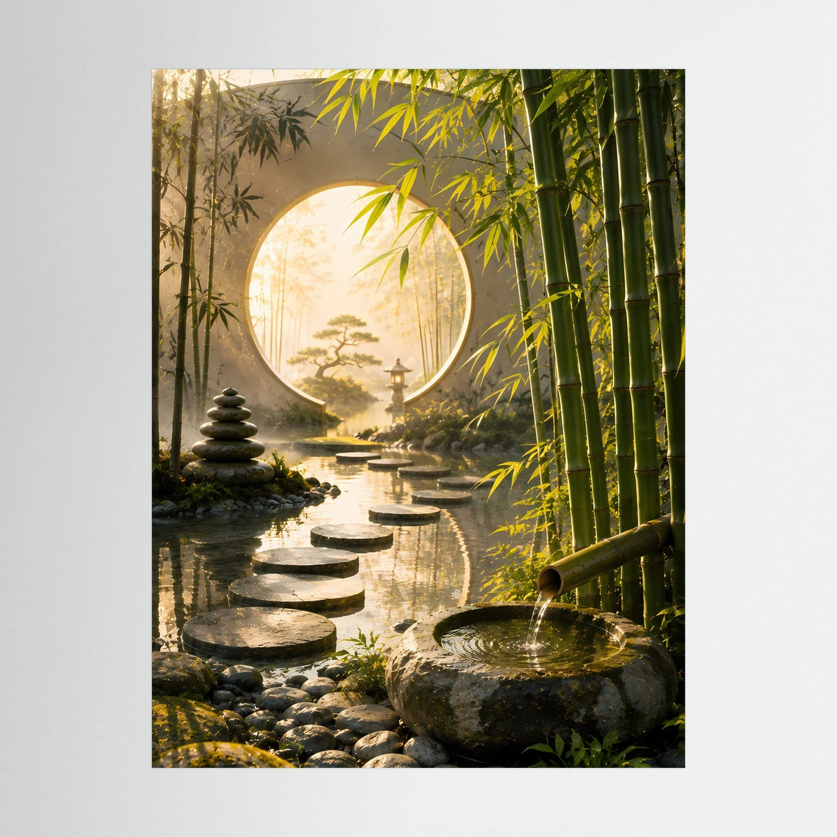 Zen-Garten-Poster: rundes Mondtor, Bambus und Trittsteine am Wasser, ohne sichtbaren Rahmen
