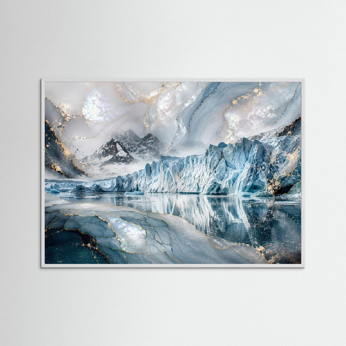 Gletscher-Poster im Querformat mit weißem Rahmen, blaue Eislandschaft und Goldakzente