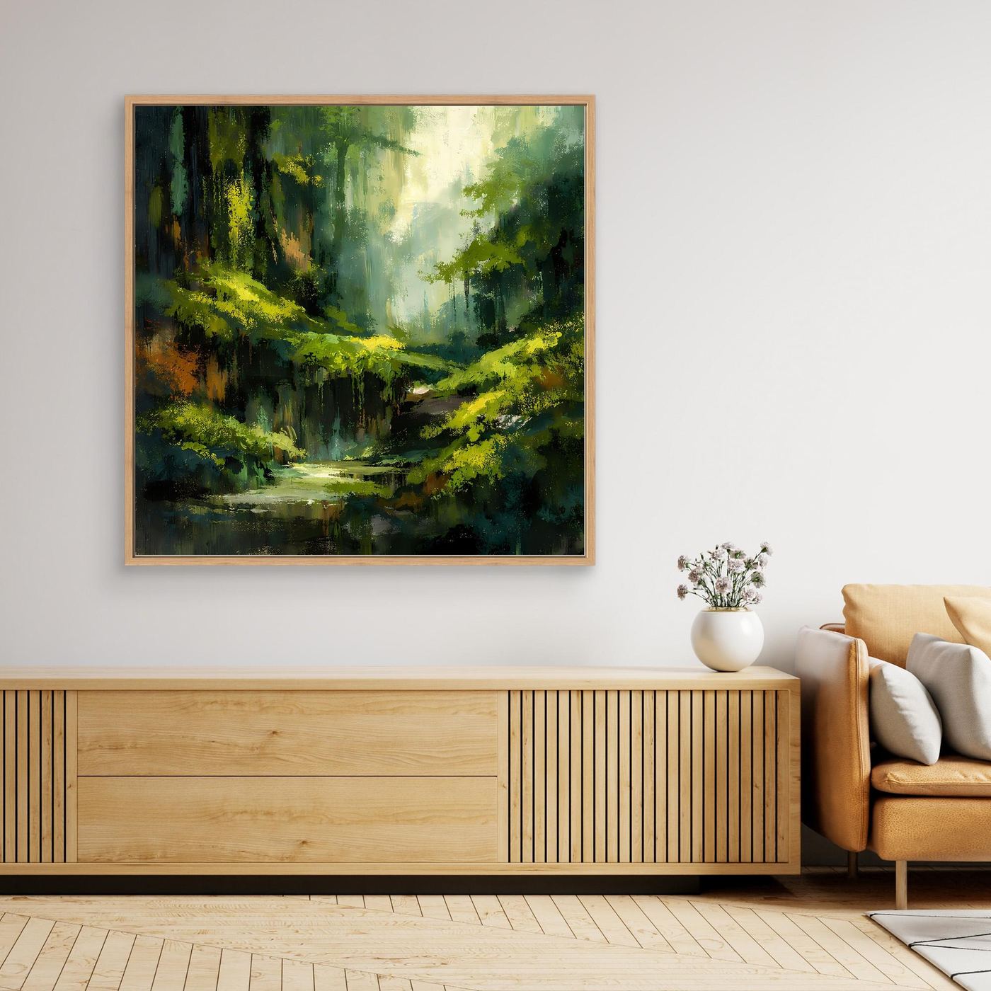 Wandbild mit abstraktem Dschungelpfad, grünes Waldmotiv, goldbrauner Holzrahmen