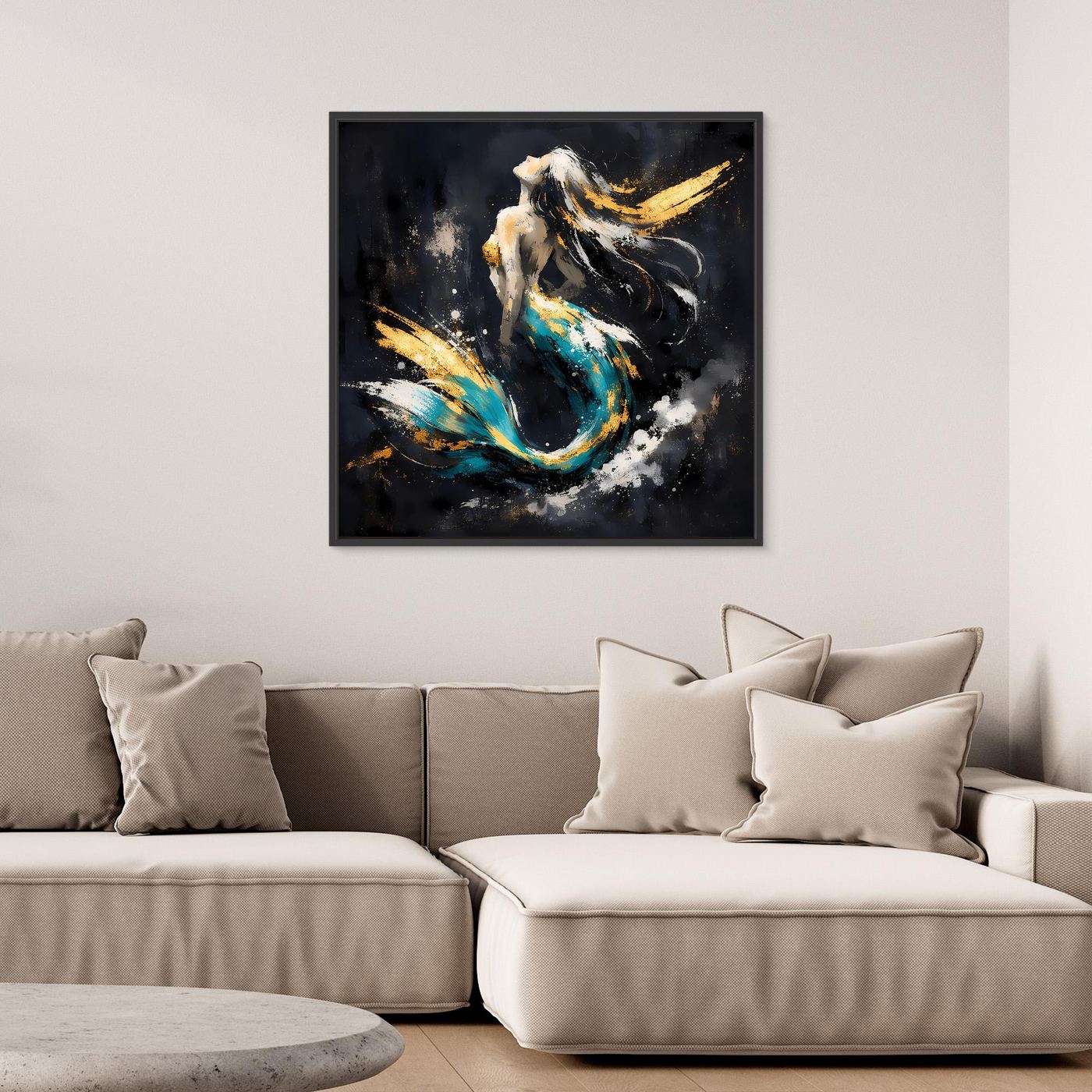 Leinwand Elegante Meerjungfrau in Türkis und Gold | Modernes Fantasy Wandbild