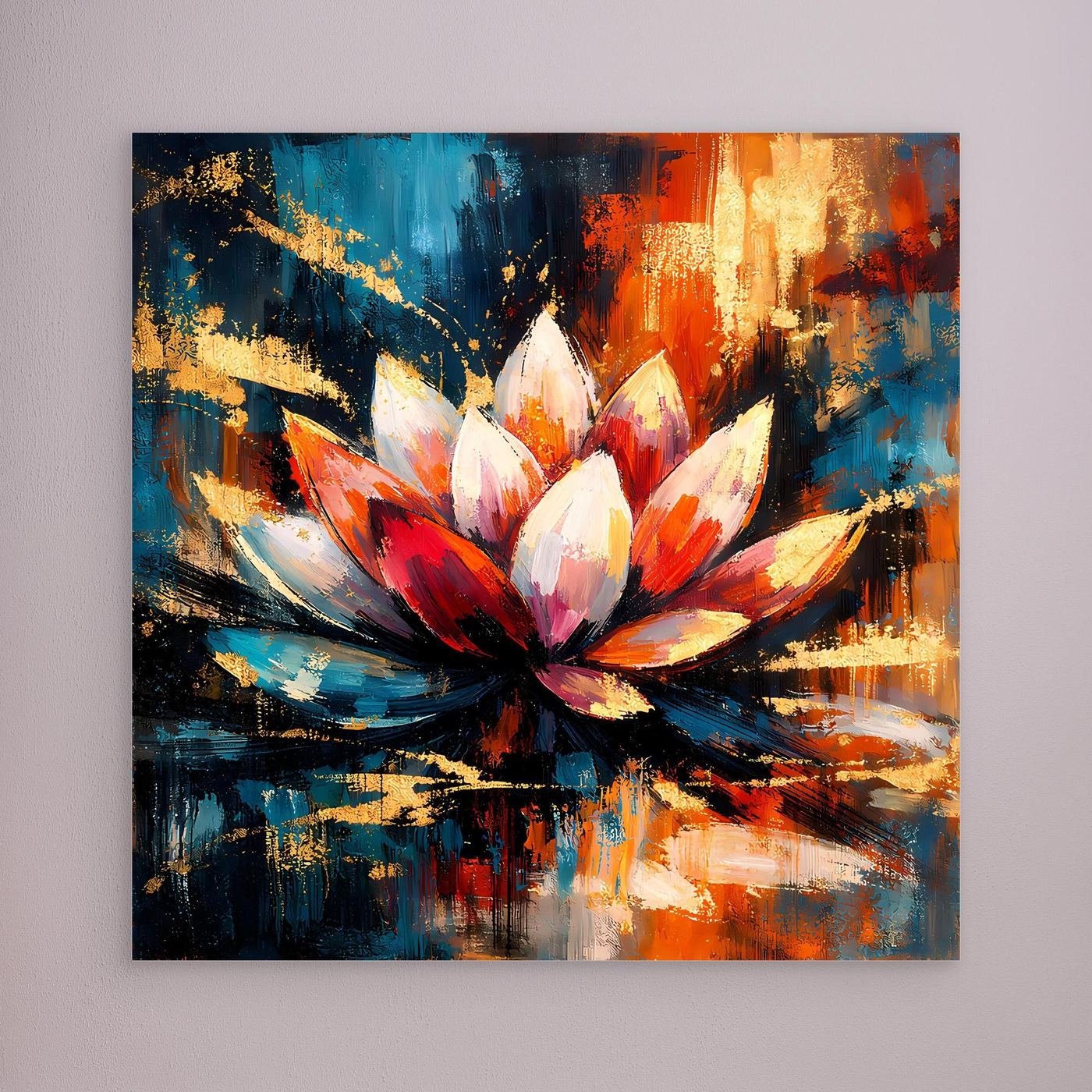 Leinwandbild mit abstrakter Lotusblüte in Weiß, Rot und Blau auf dunklem Grund