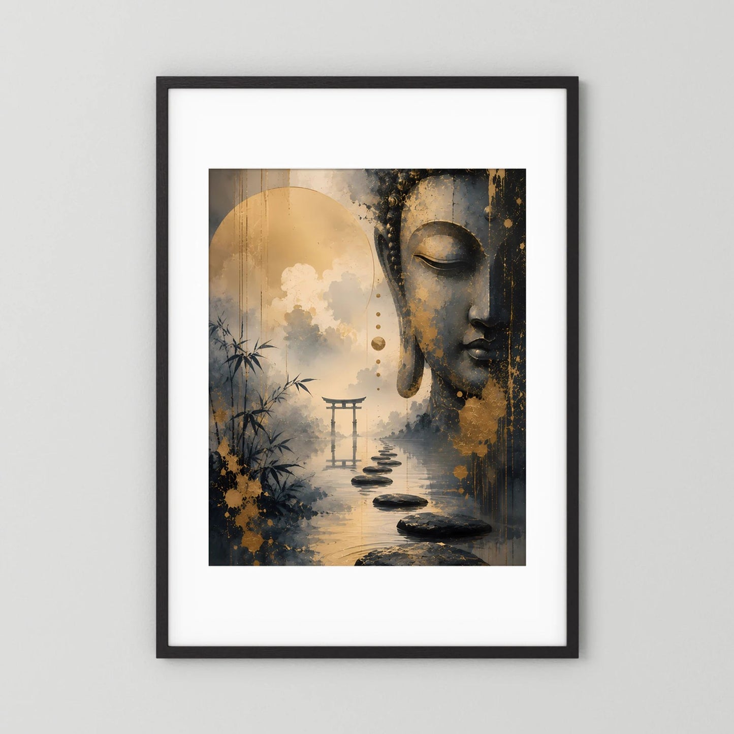 Poster im Hochformat mit Buddha-Profil in Gold- und Schwarztönen, schwarz gerahmt