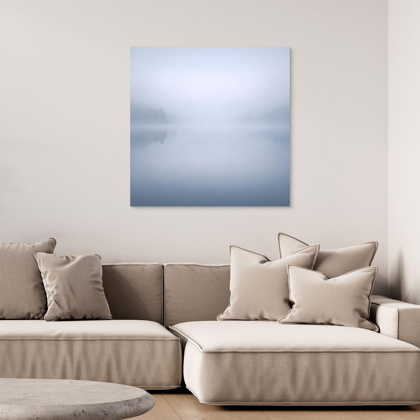 Leinwandbild Nebelsee, quadratisch, ohne sichtbaren Rahmen, Blau-Grau