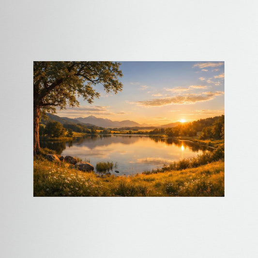 Naturposter im Querformat mit Seeufer, Baum und Sonnenuntergang über den Bergen