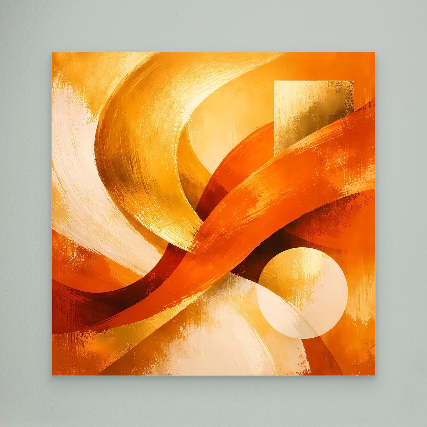 Abstraktes Leinwandbild mit goldenen Wellen und Kreisformen in warmem Orange.