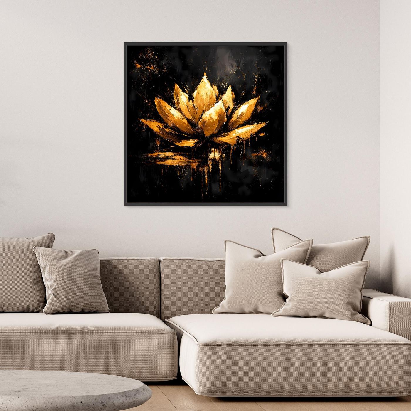Leinwand Goldene Lotusblüte auf Schwarz | Abstraktes Meditations Wandbild