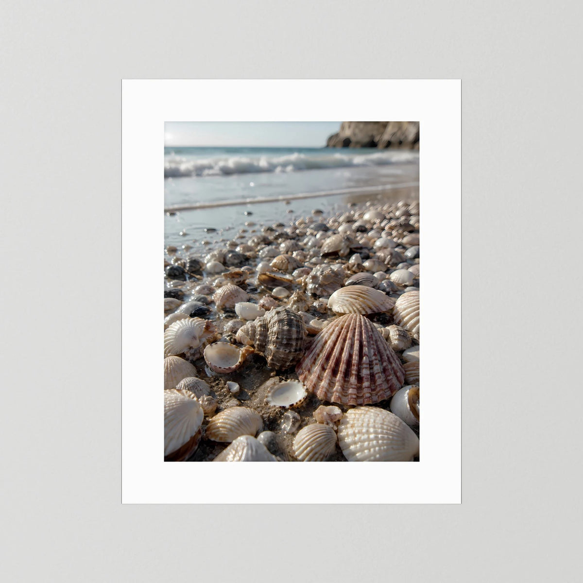 Hochformat-Poster mit Muschelstrand, nur weißer Rand ohne sichtbaren Holzrahmen