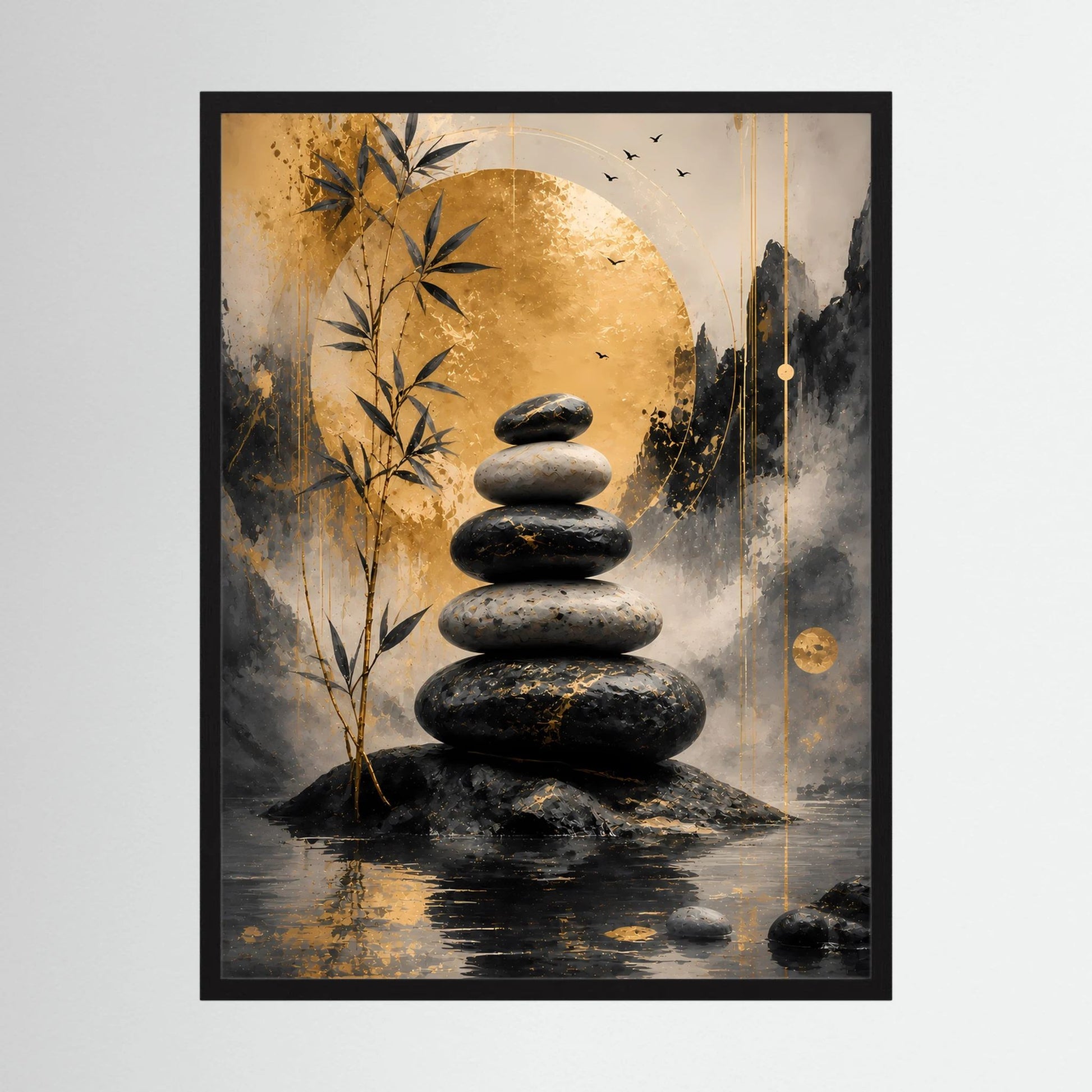 Gerahmtes Hochformat-Poster mit schwarzen Steinen und Bambus, gold-schwarz abstrakt.