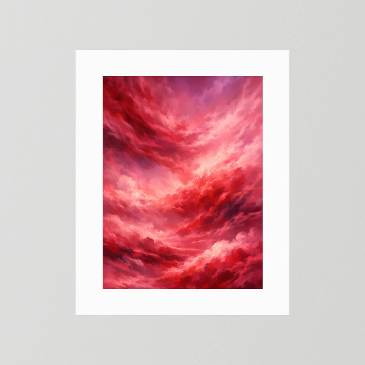 Hochformat-Poster mit rotem Wolkenhimmel, weißer Rahmen.