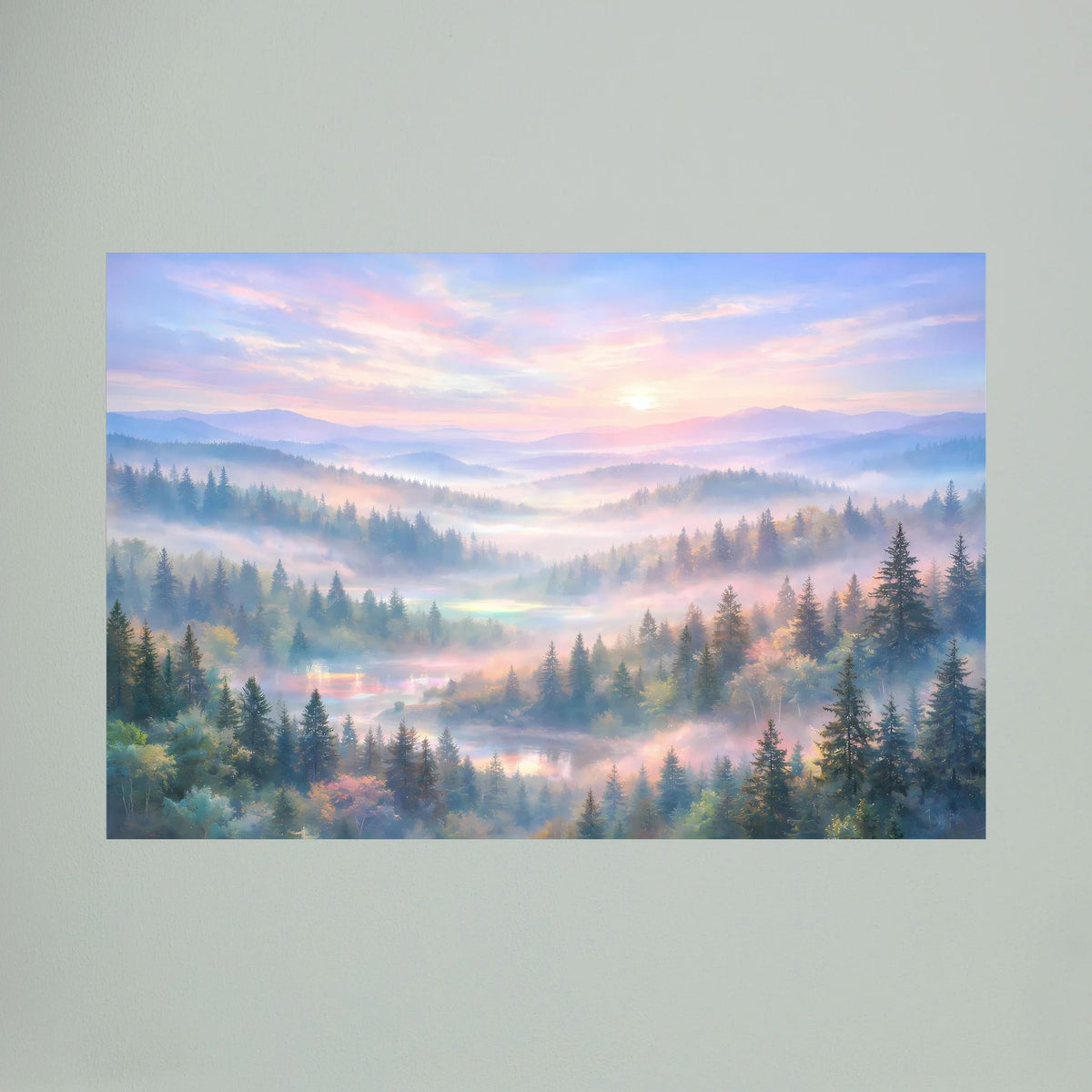 Wandbild im Querformat mit Waldlandschaft im Morgendunst und blau-rosa Sonnenlicht