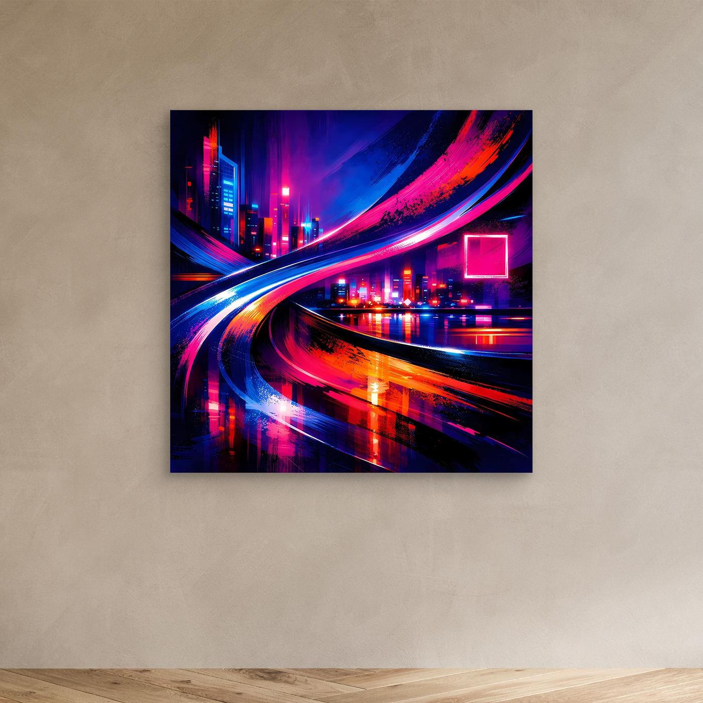 Leinwandbild mit Cyberpunk-Neon-Skyline, rote und blaue Lichtspuren und Reflexionen