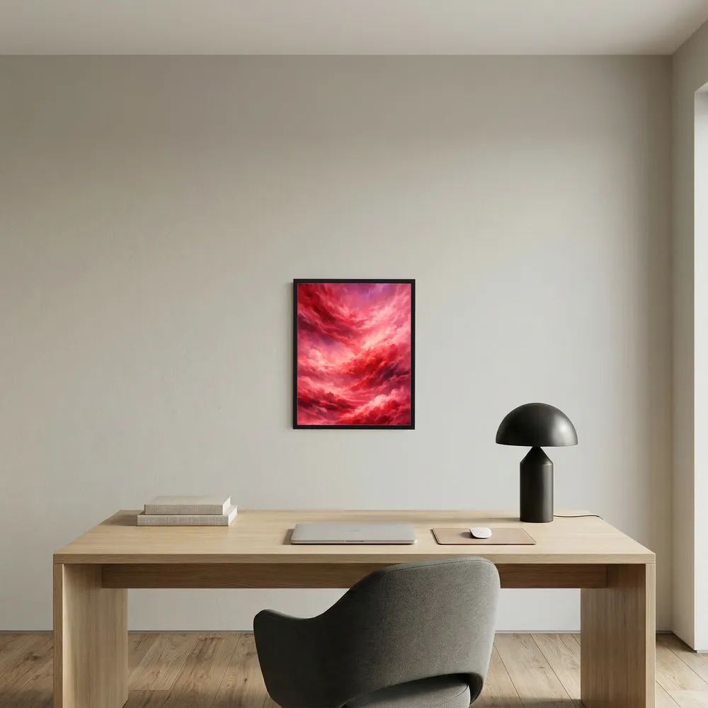 Gerahmtes Poster mit rotem Wolkenhimmel und leuchtend rosa Farbflächen