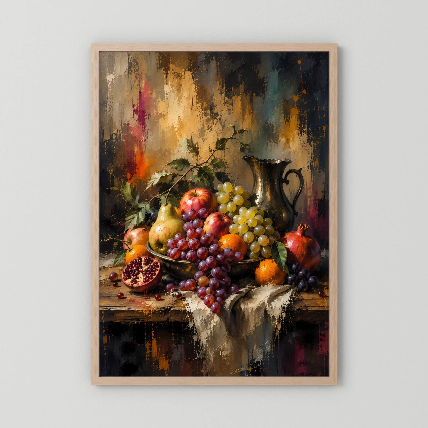 Kunstposter im Hochformat mit hellem Holzrahmen: Stillleben mit Trauben, Granatapfel und Äpfeln