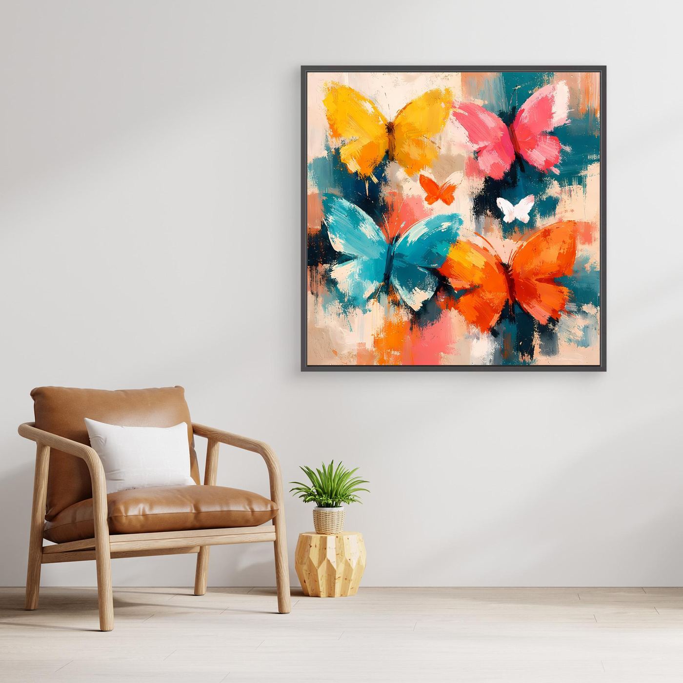Leinwand Farbenfrohe Schmetterlinge im Flug | Abstraktes Natur & Frühling Wandbild