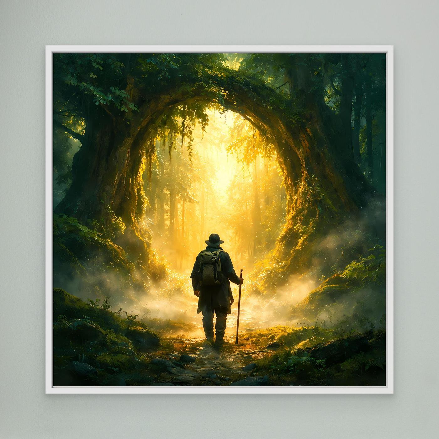Leinwand Mystischer Wanderer am Waldportal | Abstraktes Natur Zauberwald Wandbild