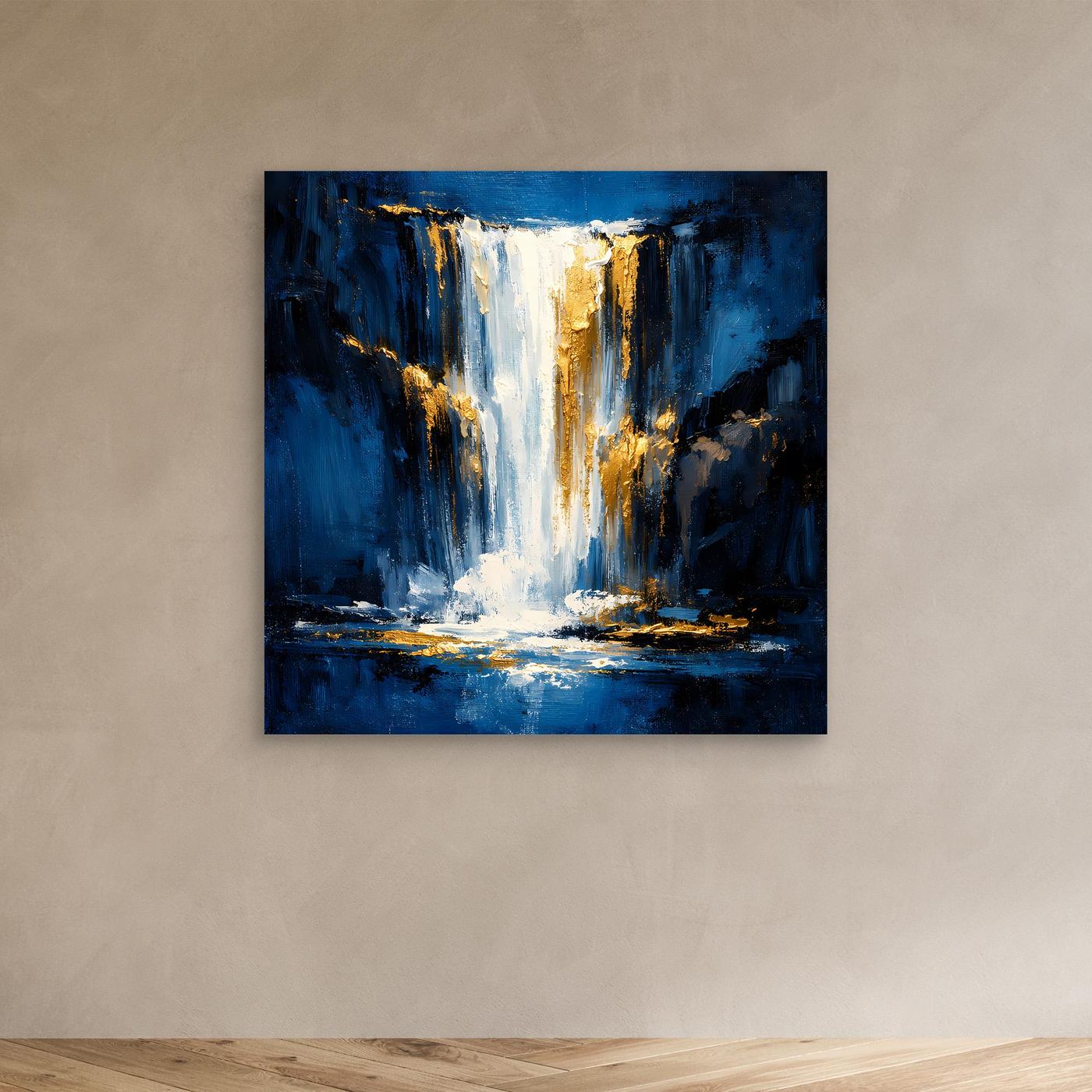 Leinwand Abstraktes Wasserfall Gemälde in Dunkelblau und Gold | Modernes Natur Wandbild