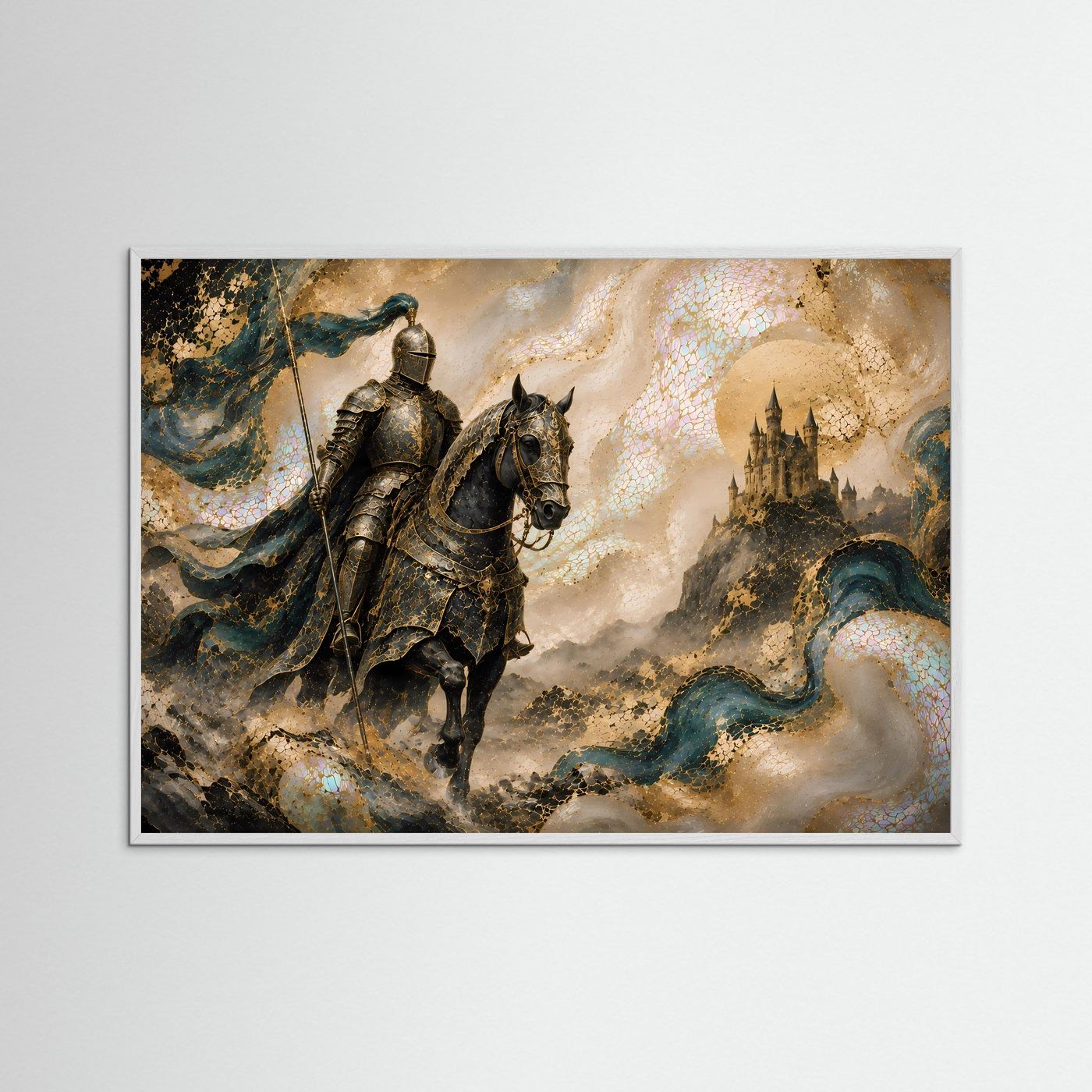 Mittelalterlicher Ritter auf Pferd | Fantasy Schloss in Gold & Petrol