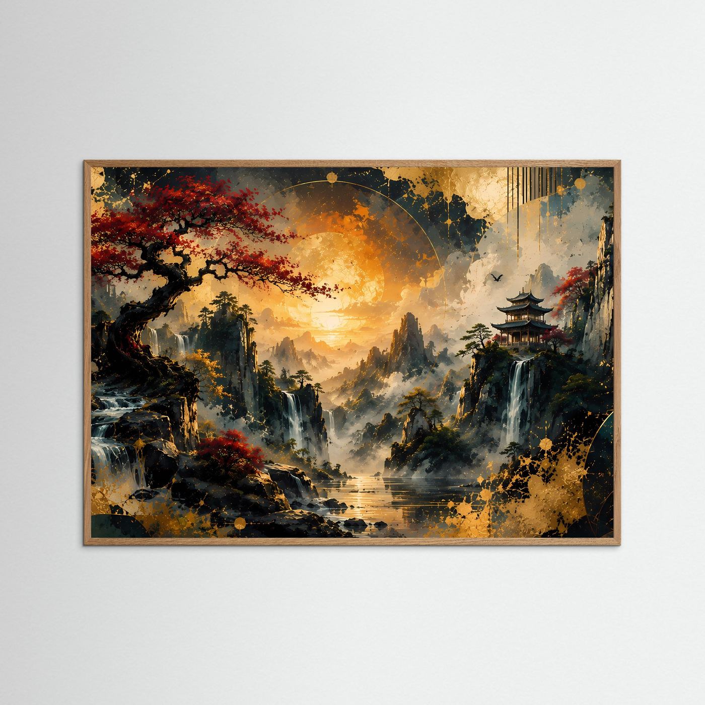 Poster mit natürlichem Eichenrahmen: japanische Berglandschaft, Pagode, Wasserfälle, roter Ahorn
