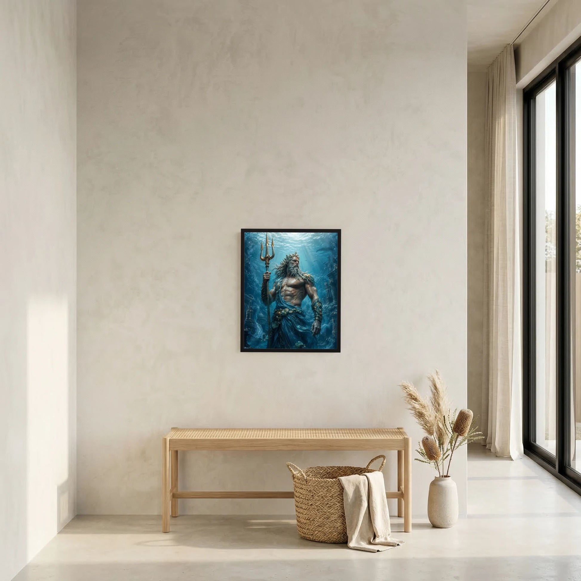 Kleines Hochformat-Poster mit Poseidon und Dreizack im blauem Unterwasserbild, schwarz gerahmt