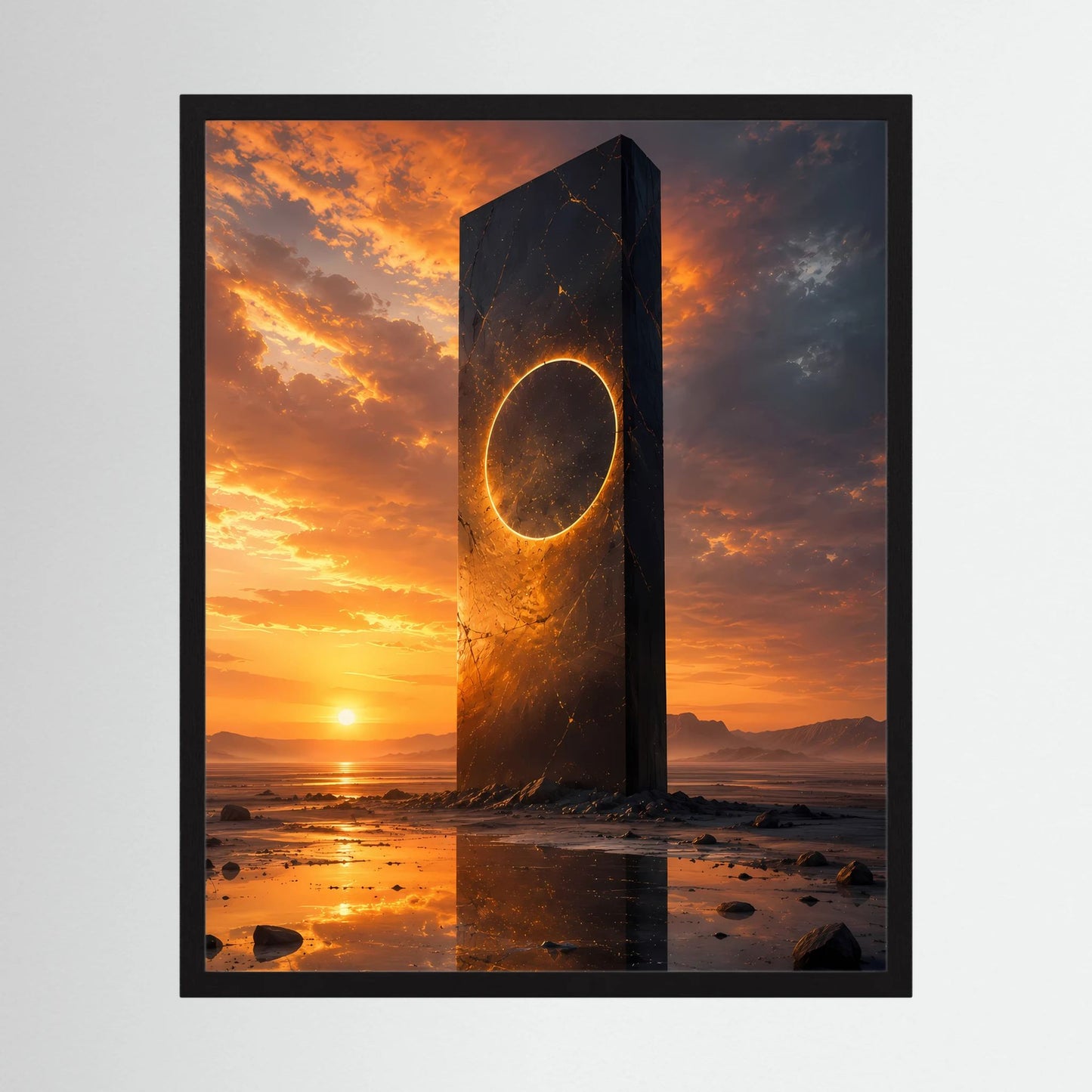 Schwarz gerahmtes Hochformat-Poster mit schwarzem Monolithen und goldenem Portalring bei Sonnenuntergang.